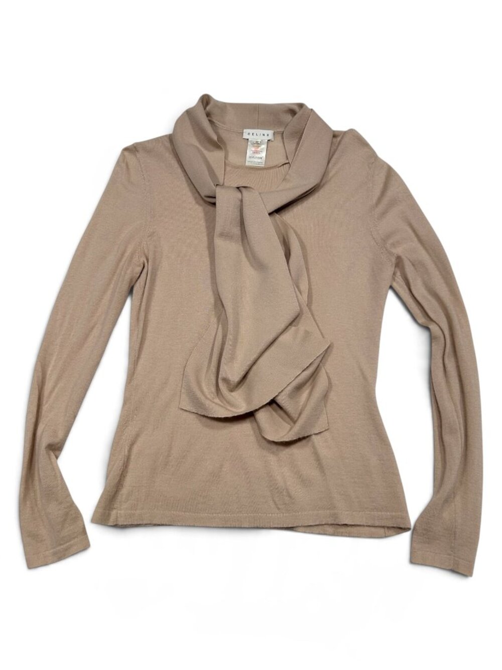 CELINE Paris 100% Cashmere Beige Scarf Tie Neck Bow Sweater Top M